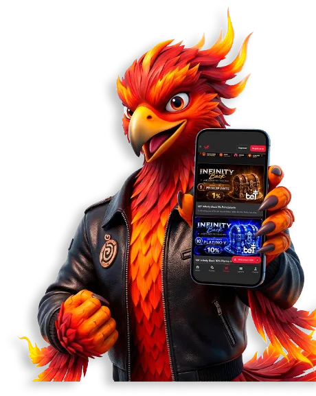 Mascota fénix de betInfinity sosteniendo la app